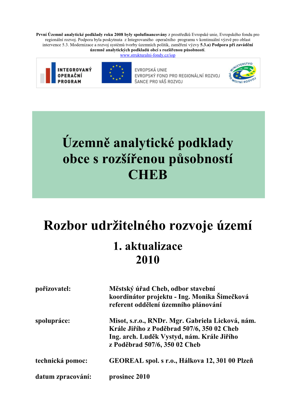 Územně Analytické Podklady Obce S Rozšířenou Působností CHEB