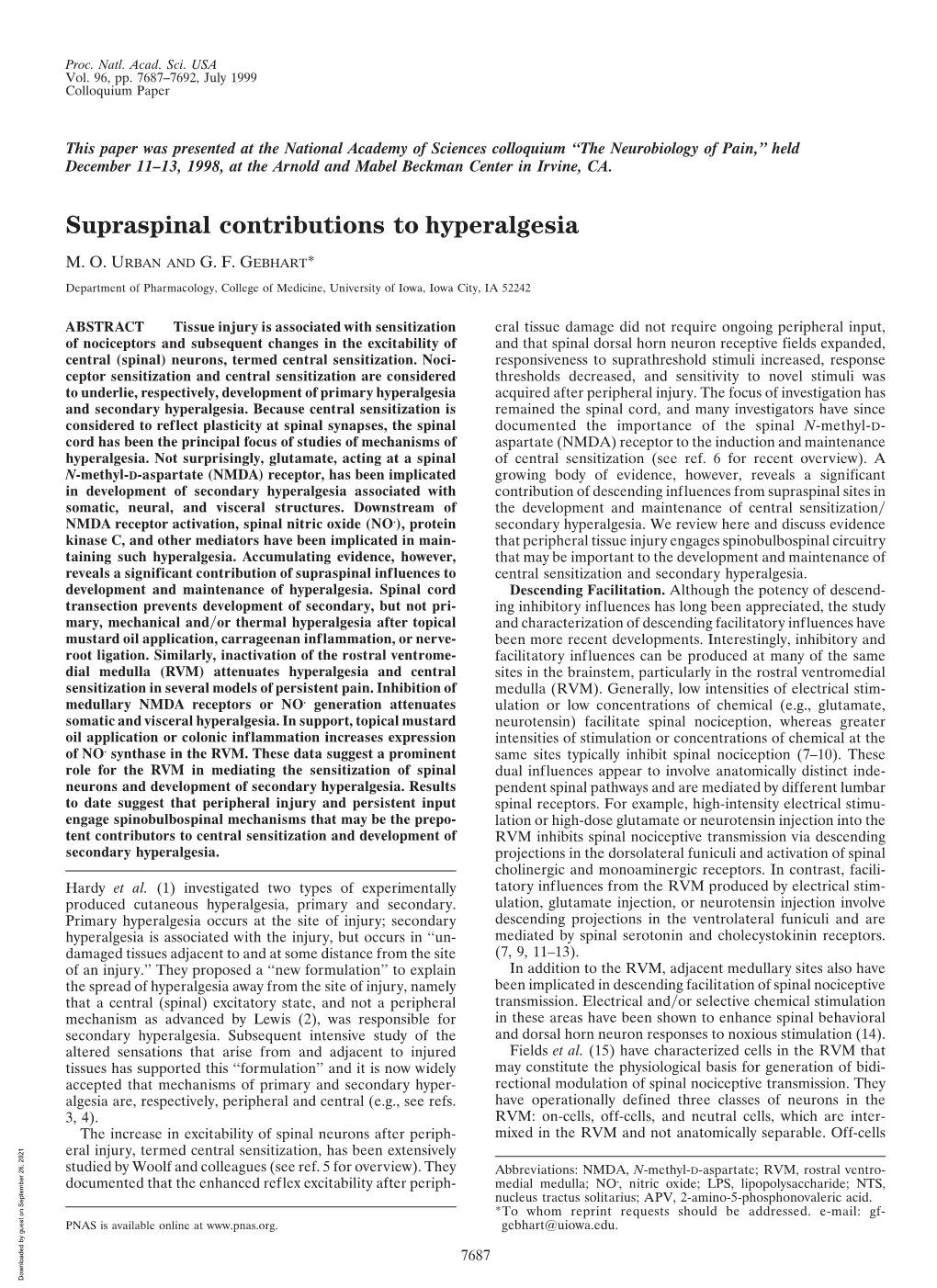 Supraspinal Contributions to Hyperalgesia