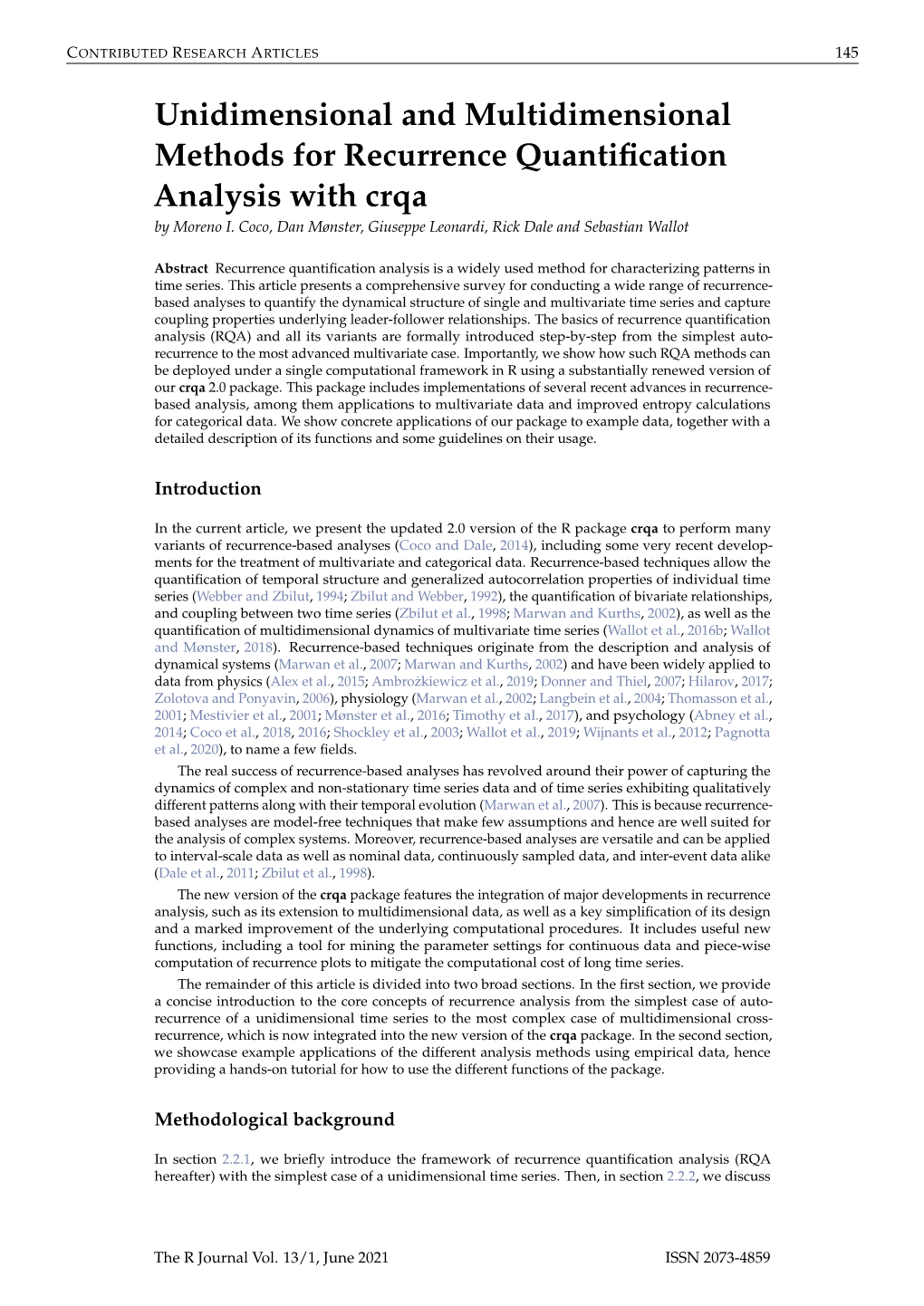 Unidimensional and Multidimensional Methods for Recurrence Quantification Analysis with Crqa by Moreno I