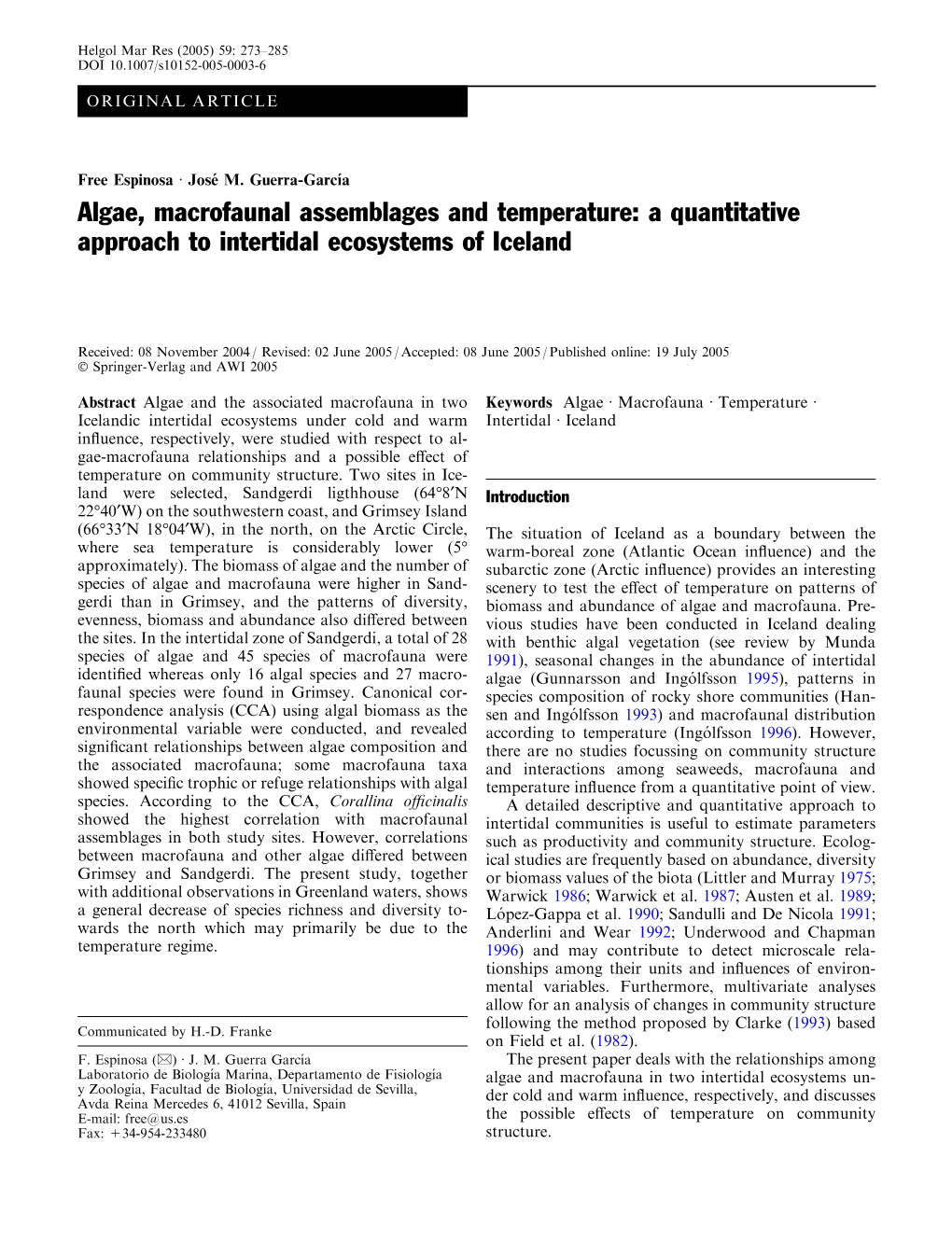 Algae, Macrofaunal Assemblages and Temperature: a Quantitative Approach to Intertidal Ecosystems of Iceland