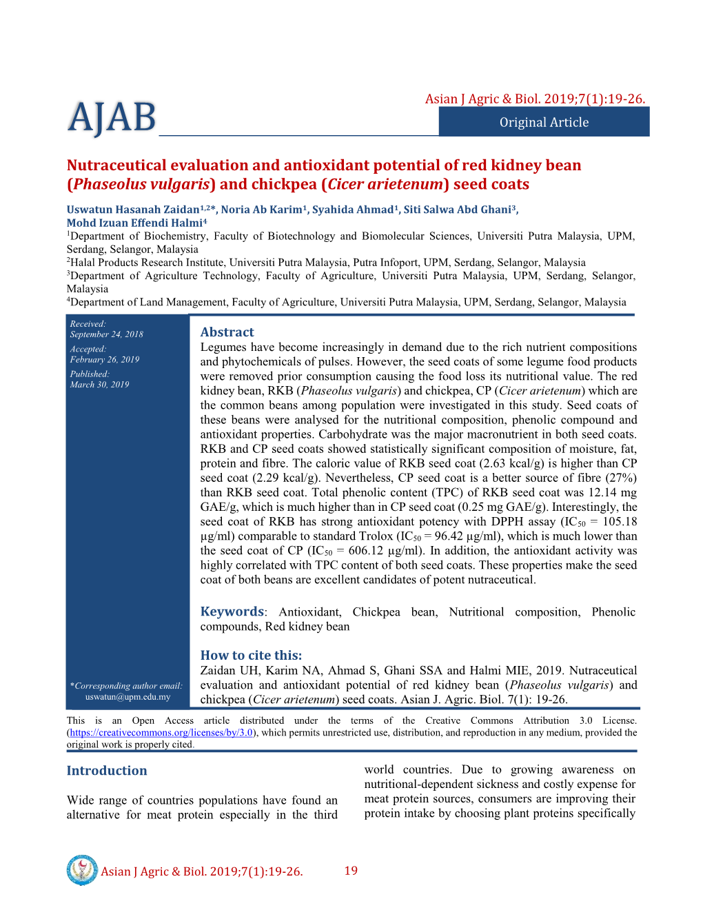 Nutraceutical Evaluation and Antioxidant Potential of Red Kidney Bean (Phaseolus Vulgaris) and Chickpea (Cicer Arietenum) Seed Coats