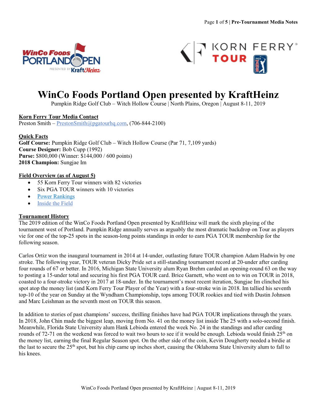 Winco Foods Portland Open Presented by Kraftheinz Pumpkin Ridge Golf Club – Witch Hollow Course | North Plains, Oregon | August 8-11, 2019