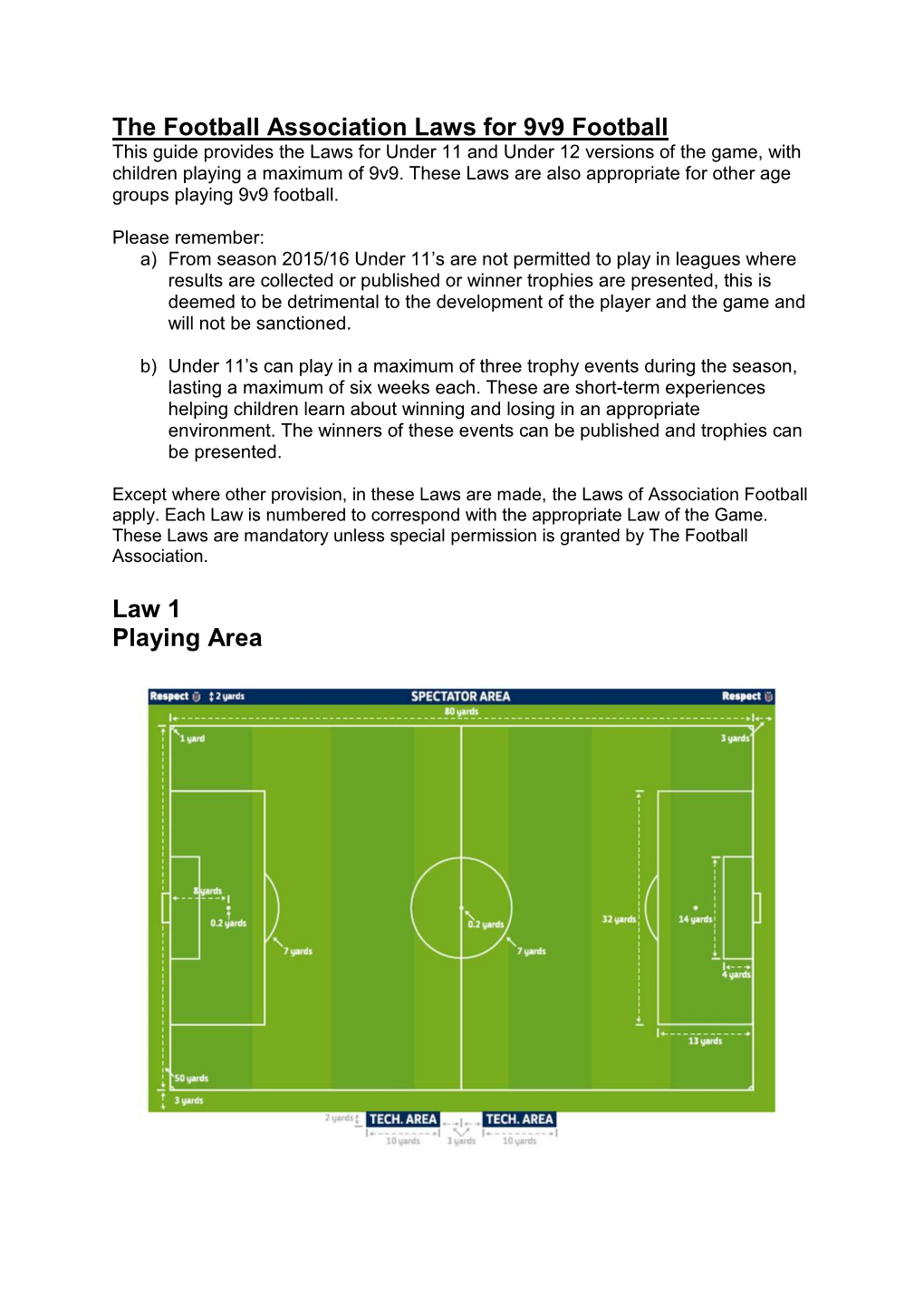 The Football Association Laws for 9V9 Football Law 1 Playing Area