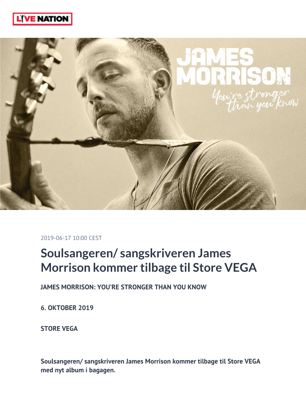 Soulsangeren/ Sangskriveren James Morrison Kommer Tilbage Til Store VEGA