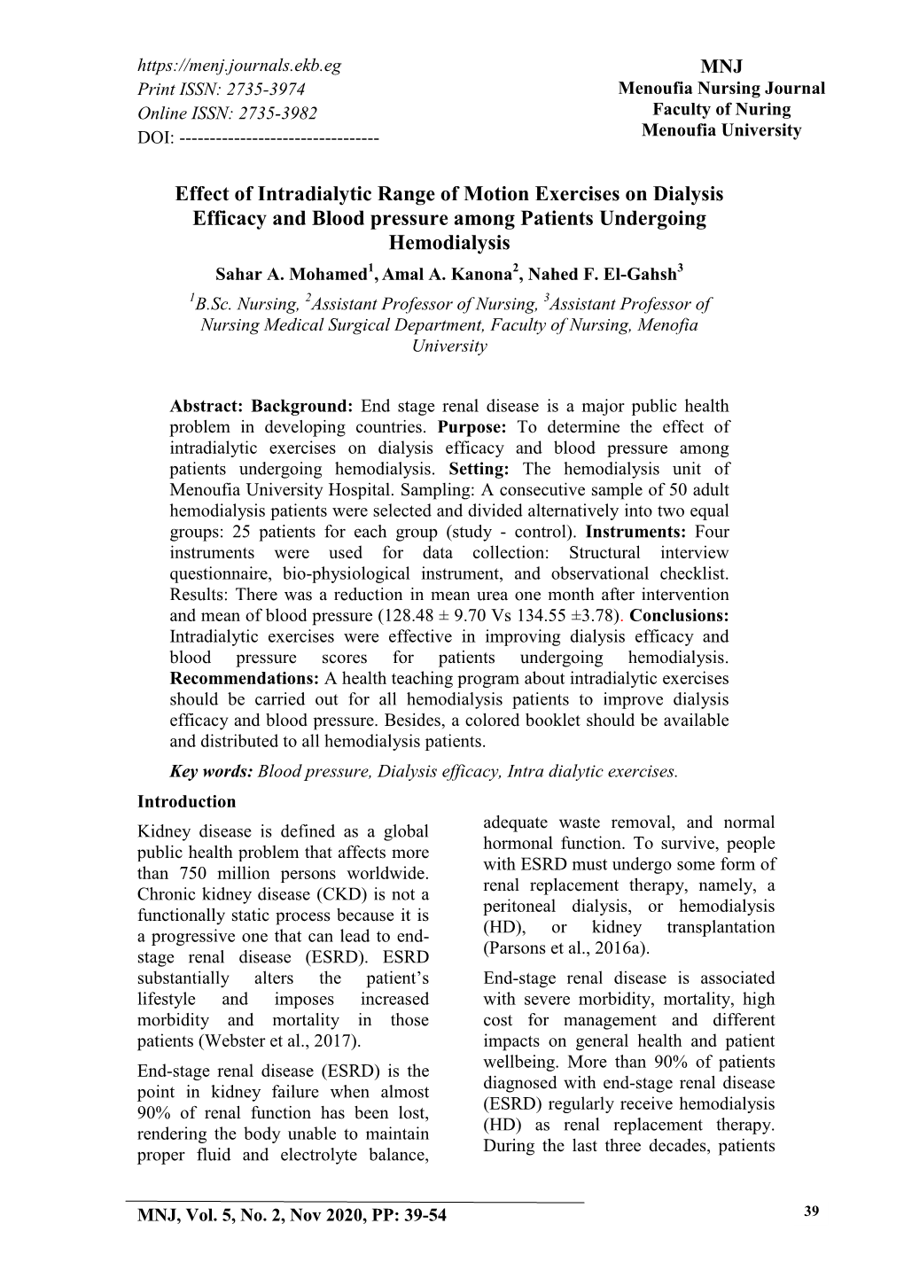 Effect of Intradialytic Range of Motion Exercises on Dialysis Efficacy and Blood Pressure Among Patients Undergoing Hemodialysis Sahar A