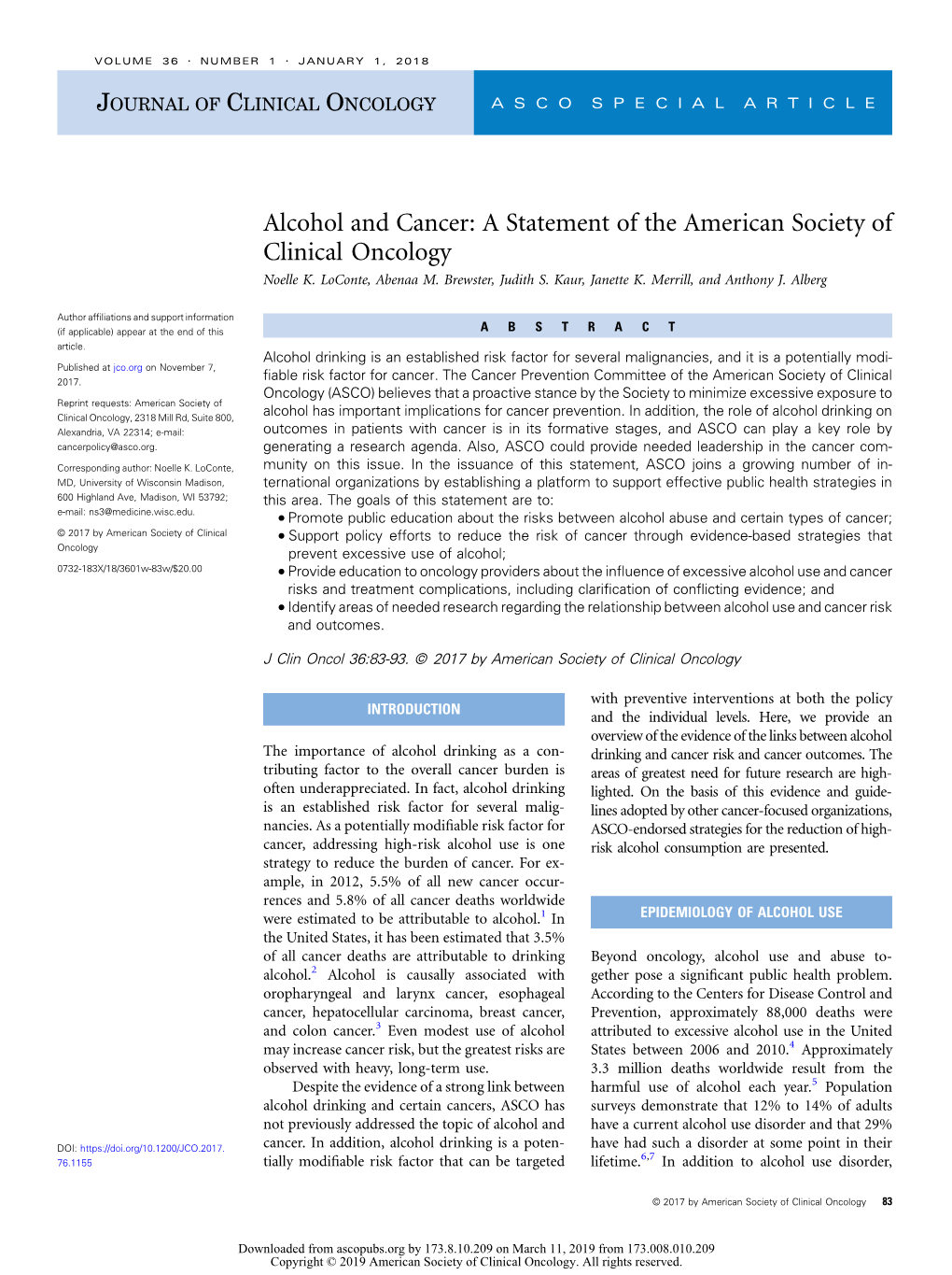 Alcohol and Cancer: a Statement of the American Society of Clinical Oncology Noelle K