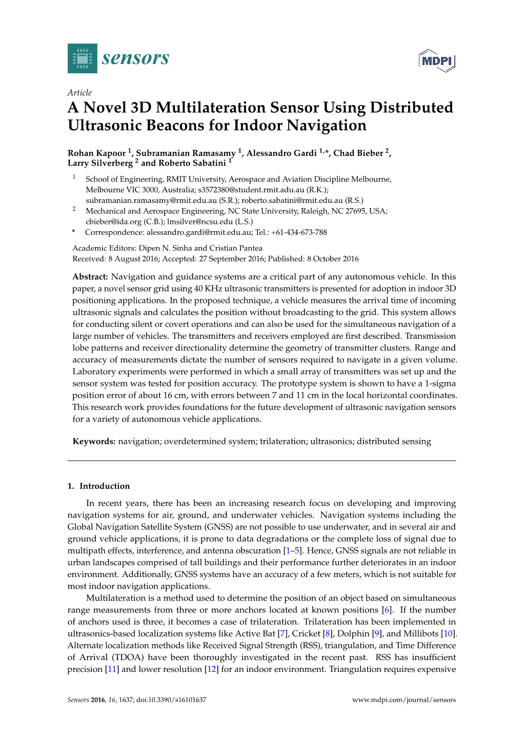 A Novel 3D Multilateration Sensor Using Distributed Ultrasonic Beacons for Indoor Navigation