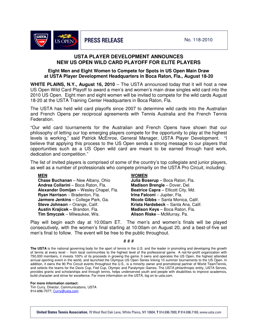 Usta Player Development Announces New Us Open Wild Card Playoff for Elite Players