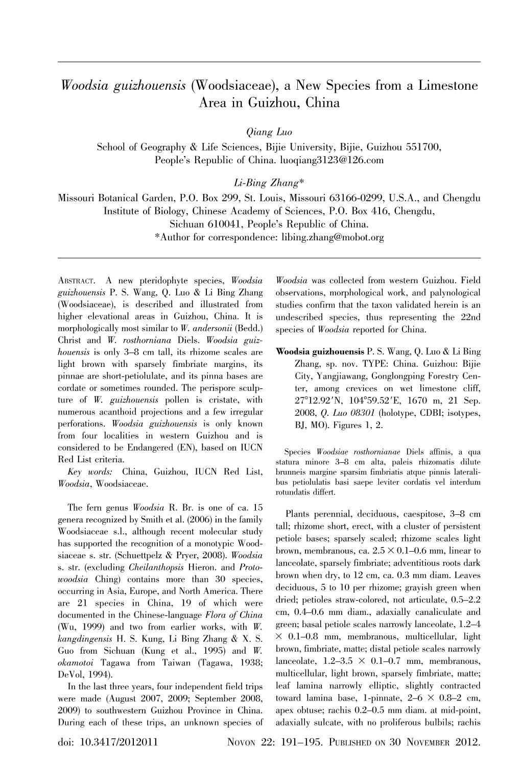 Woodsia Guizhouensis (Woodsiaceae), a New Species from a Limestone Area in Guizhou, China