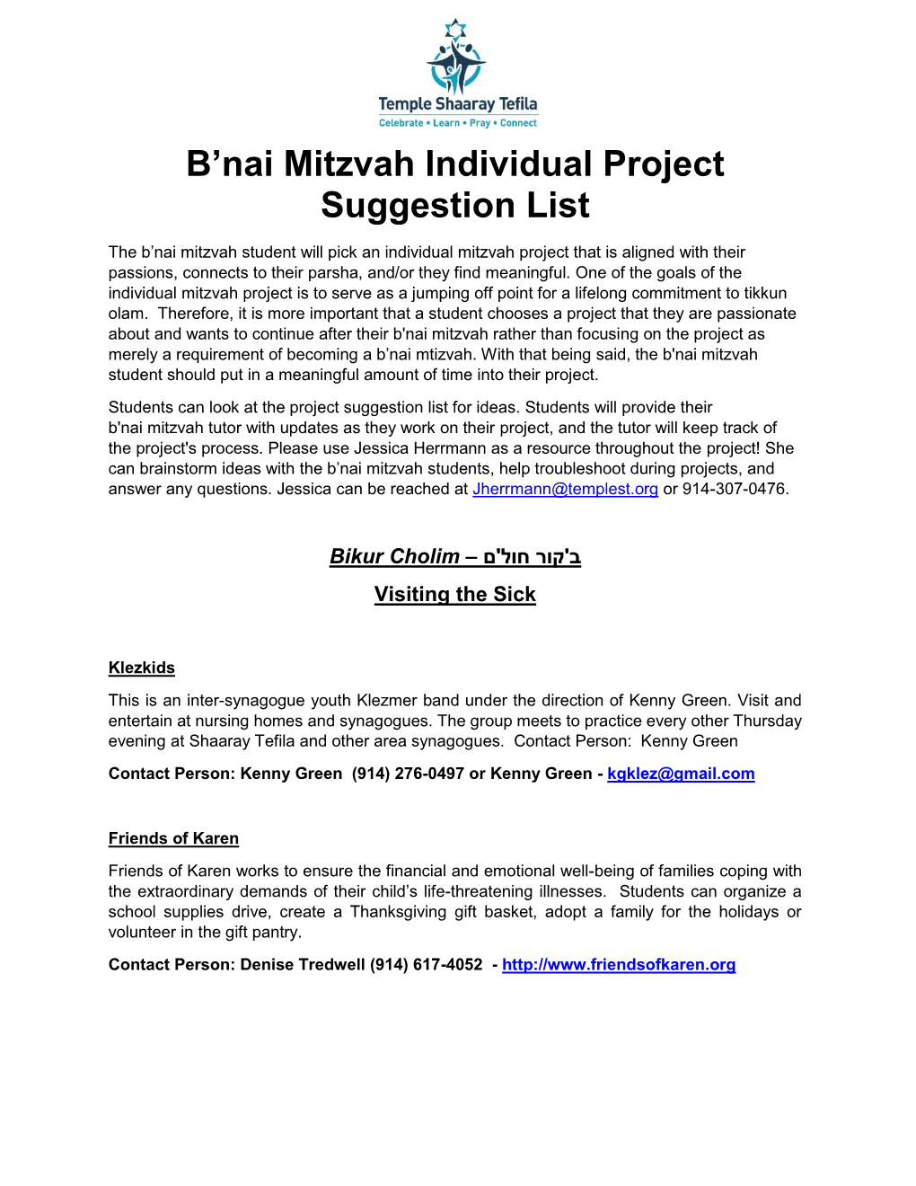 B'nai Mitzvah Independent Project Suggestions