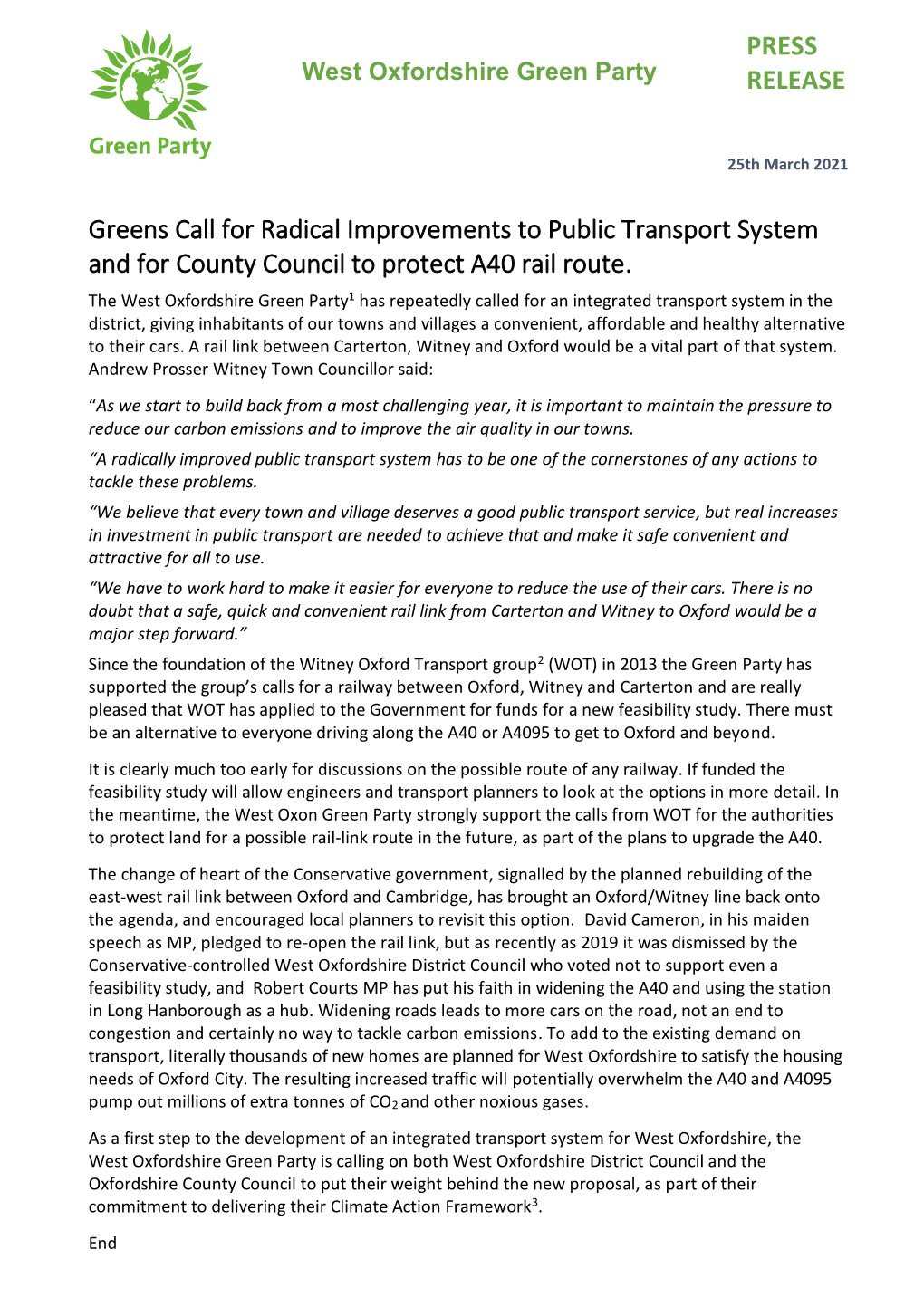 PRESS RELEASE Greens Call For