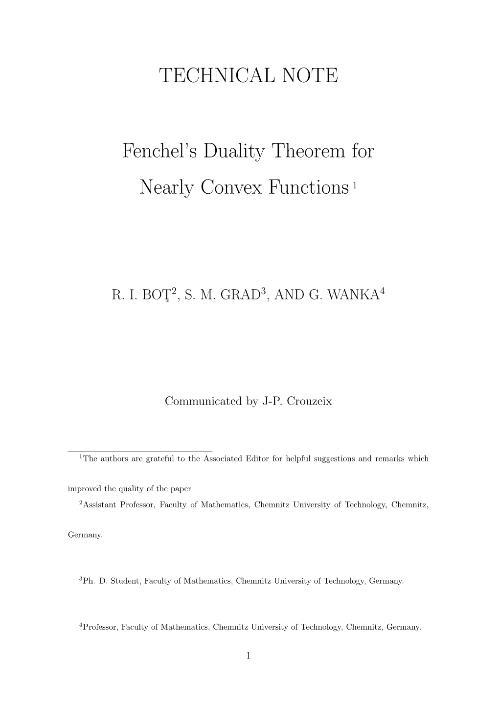 TECHNICAL NOTE Fenchel's Duality Theorem for Nearly Convex