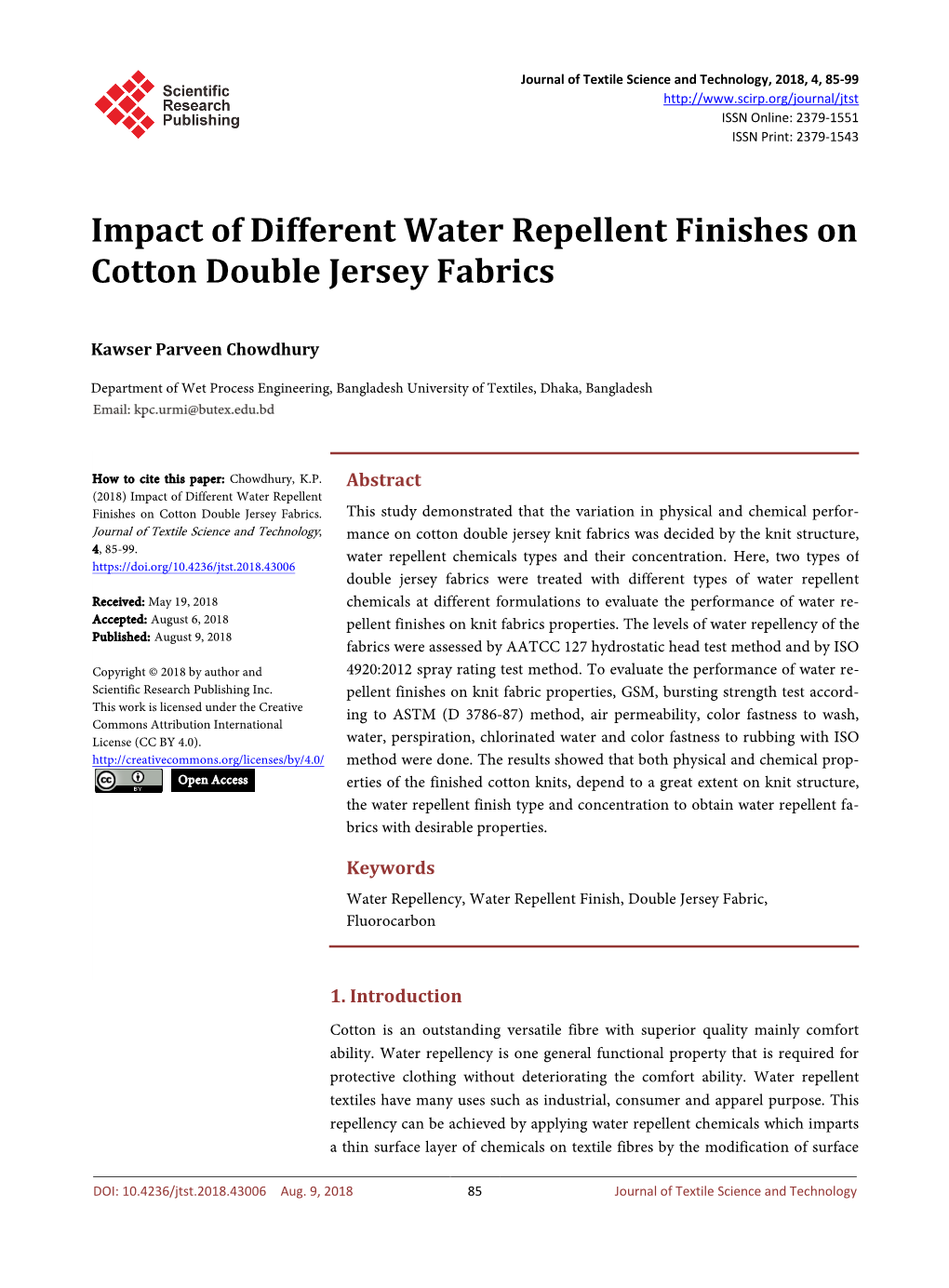 Impact of Different Water Repellent Finishes on Cotton Double Jersey Fabrics