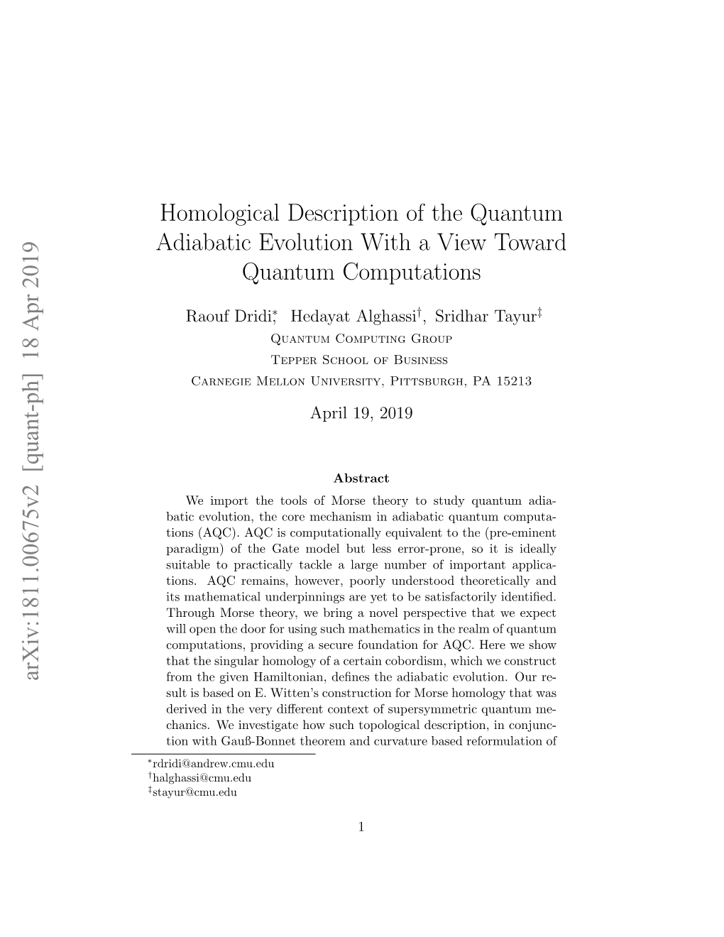 Homological Description of the Quantum Adiabatic Evolution with a View Toward Quantum Computations