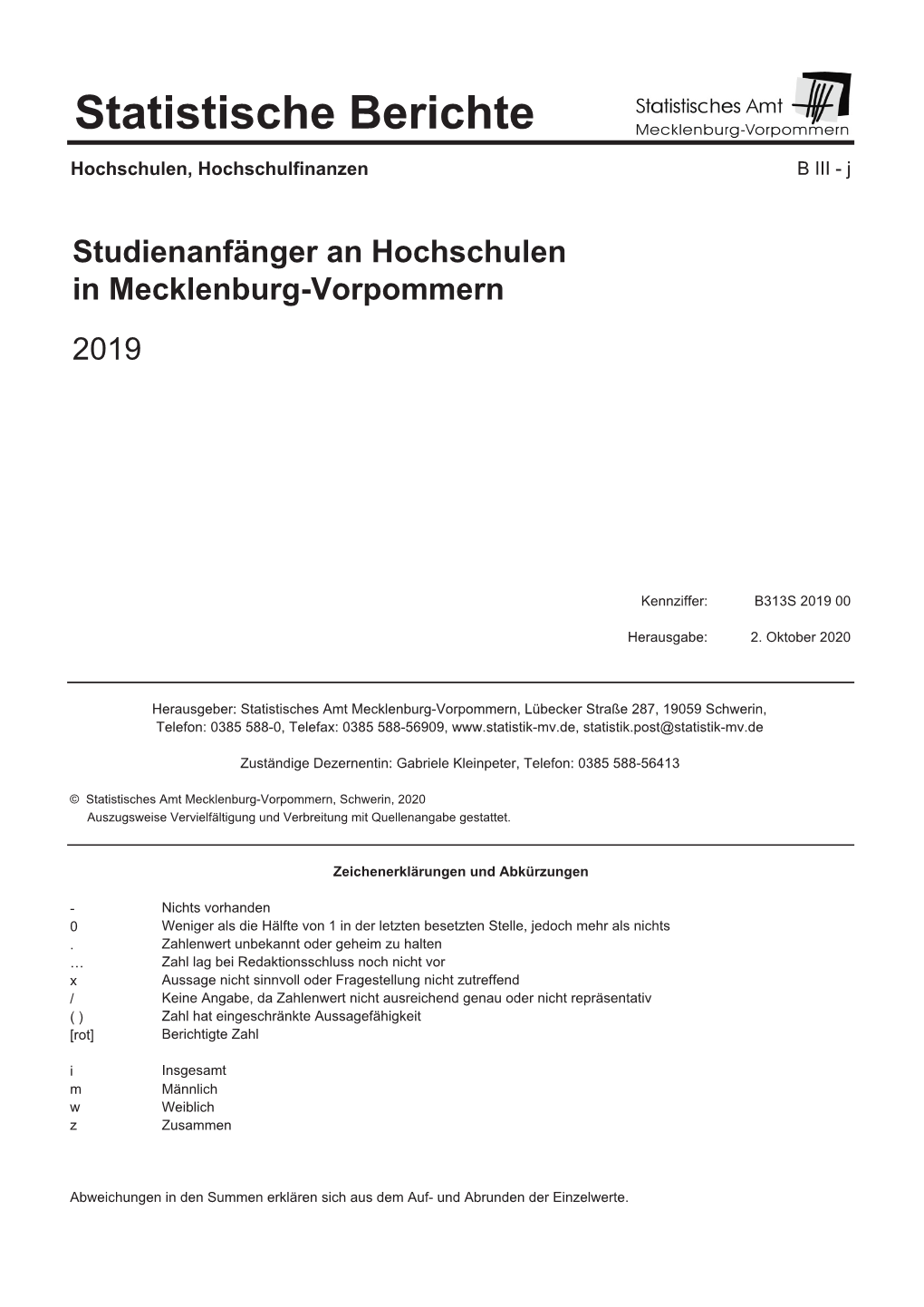 Studienanfänger an Hochschulen in Mecklenburg-Vorpommern 2019
