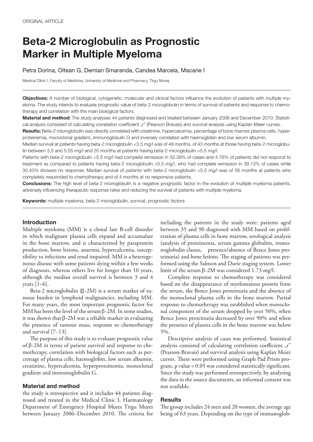 Beta-2 Microglobulin As Prognostic Marker in Multiple Myeloma