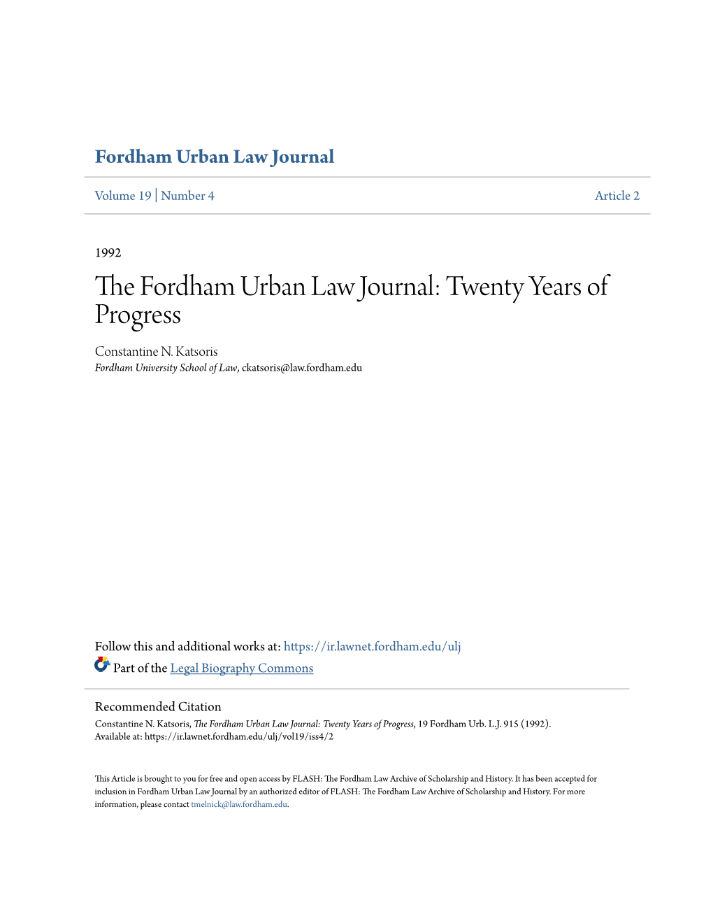 The Fordham Urban Law Journal: Twenty Years of Progress, 19 Fordham Urb
