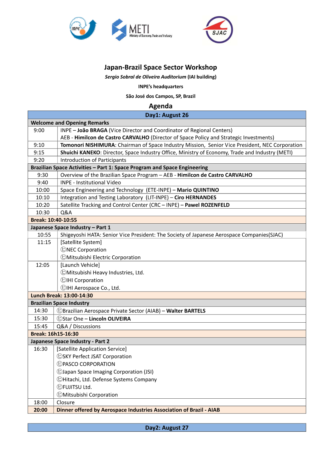 Japan-Brazil Space Sector Workshop Agenda