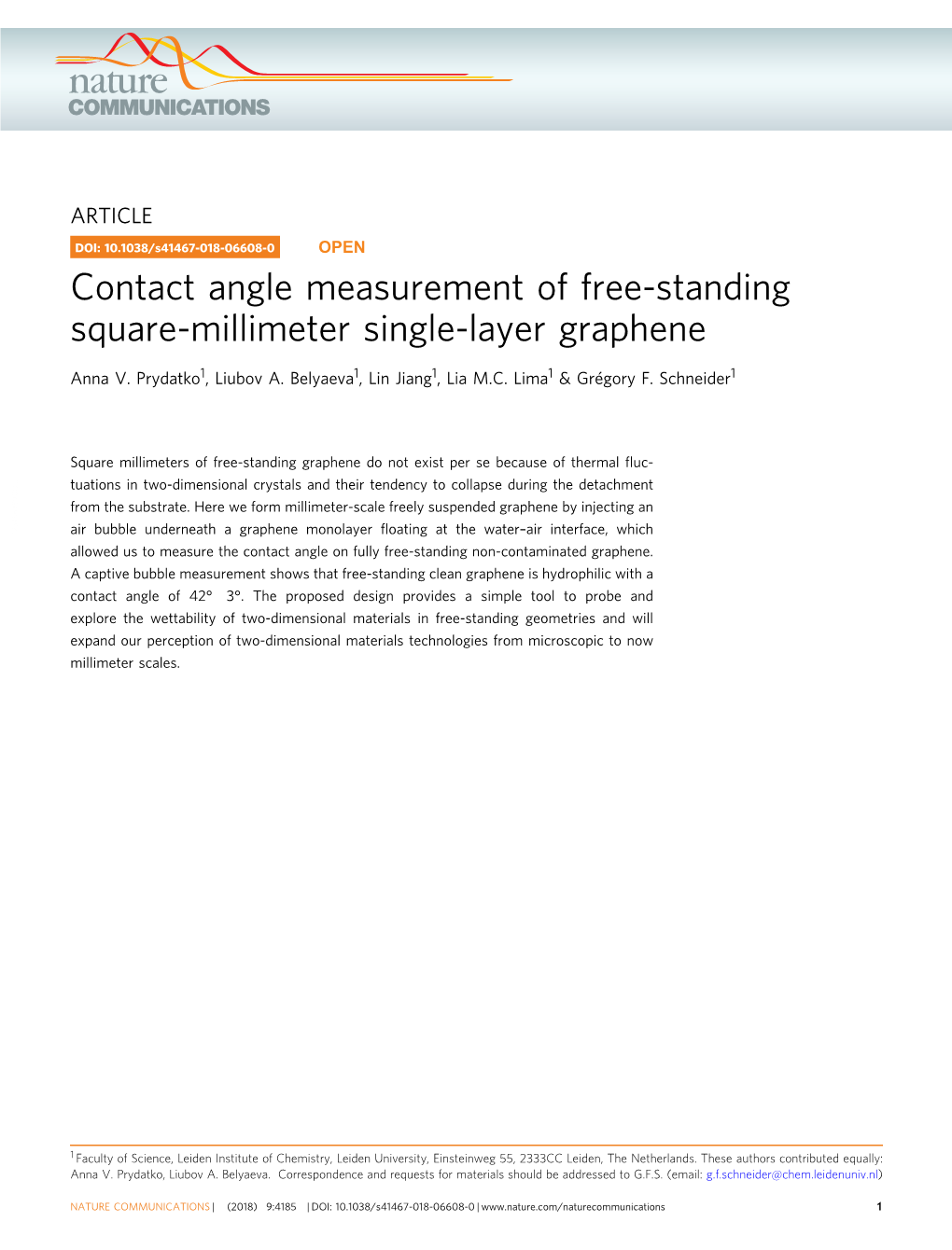 Contact Angle Measurement of Free-Standing Square-Millimeter Single-Layer Graphene