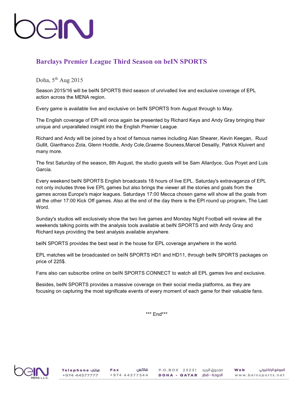 Barclays Premier League Third Season on Bein SPORTS