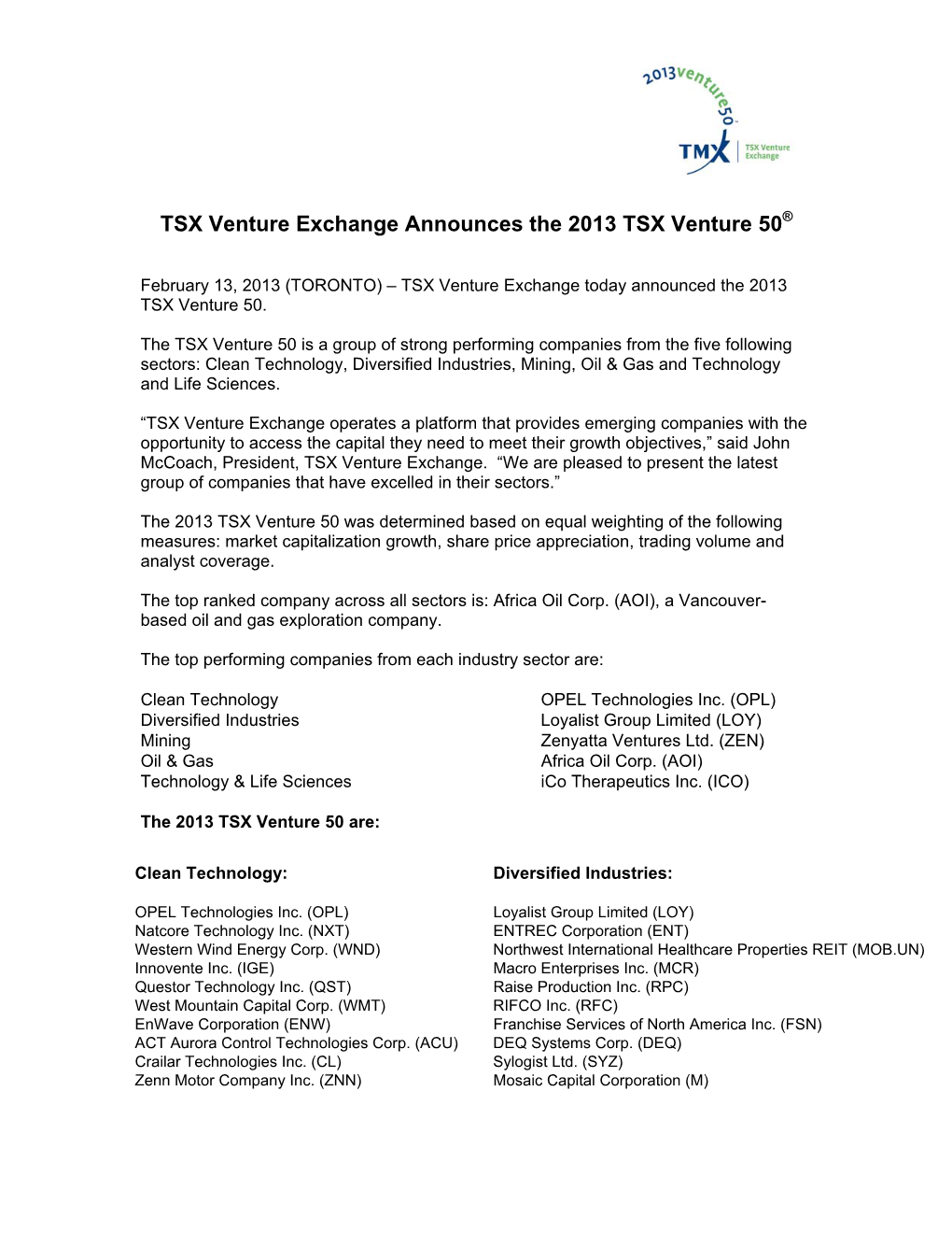 TSX Venture Exchange Announces the 2013 TSX Venture 50®