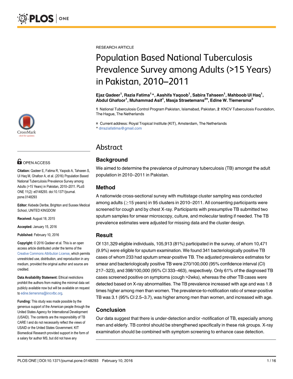 Population Based National Tuberculosis Prevalence Survey Among Adults (>15 Years) in Pakistan, 2010–2011