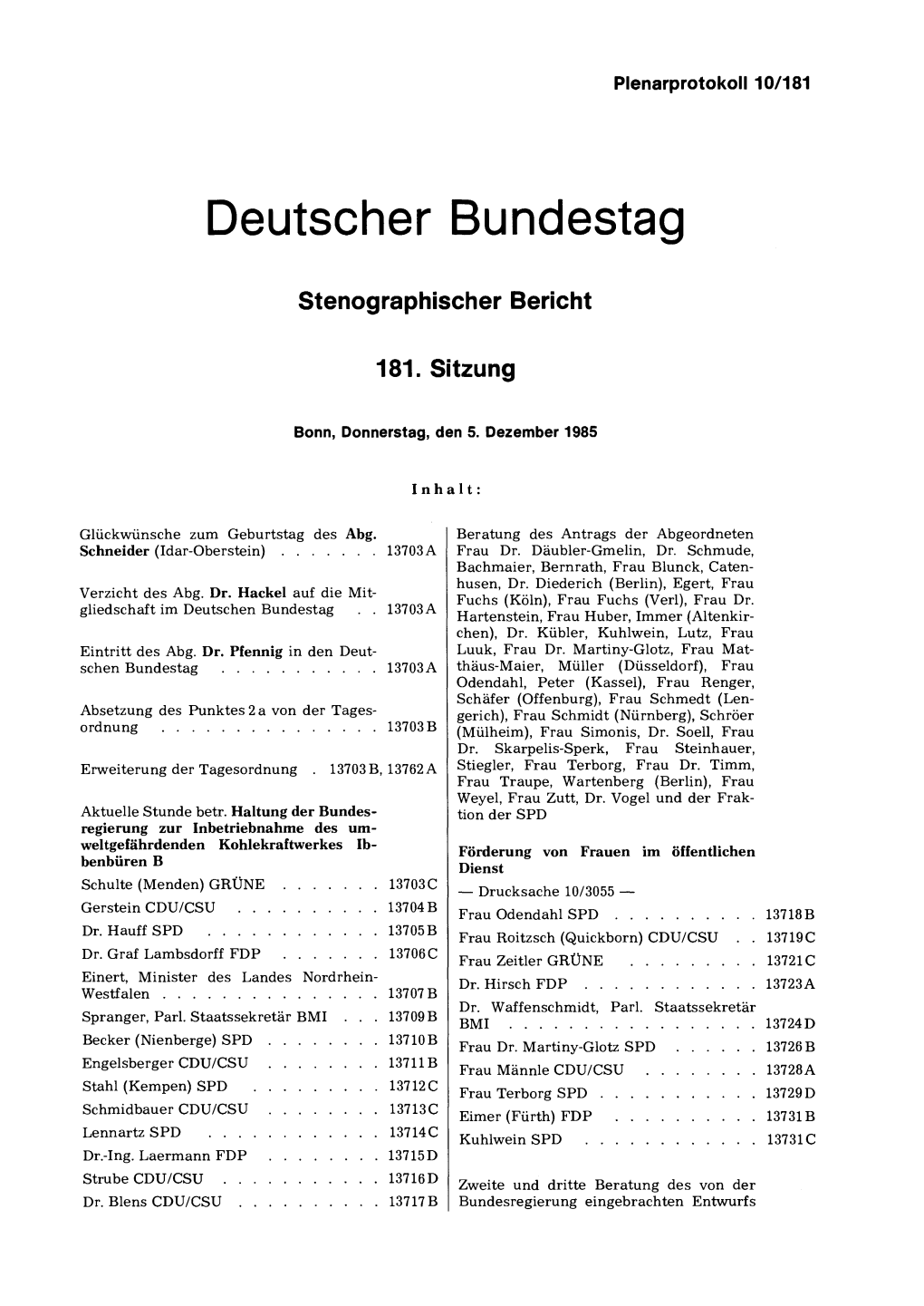 Stenographischer Bericht 181. Sitzung