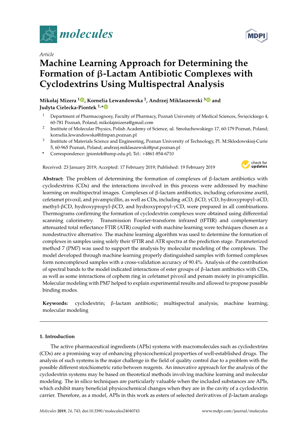 Machine Learning Approach for Determining the Formation of Β-Lactam Antibiotic Complexes with Cyclodextrins Using Multispectral Analysis