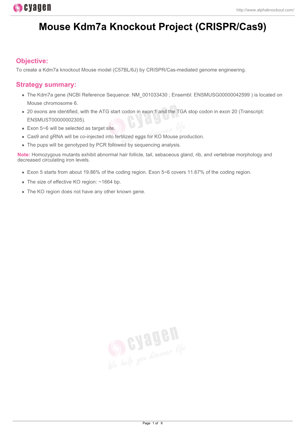 Mouse Kdm7a Knockout Project (CRISPR/Cas9)