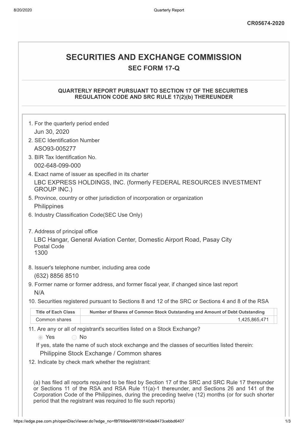 Securities and Exchange Commission Sec Form 17-Q