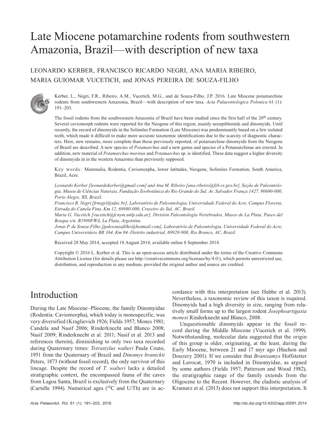 Late Miocene Potamarchine Rodents from Southwestern Amazonia, Brazil—With Description of New Taxa