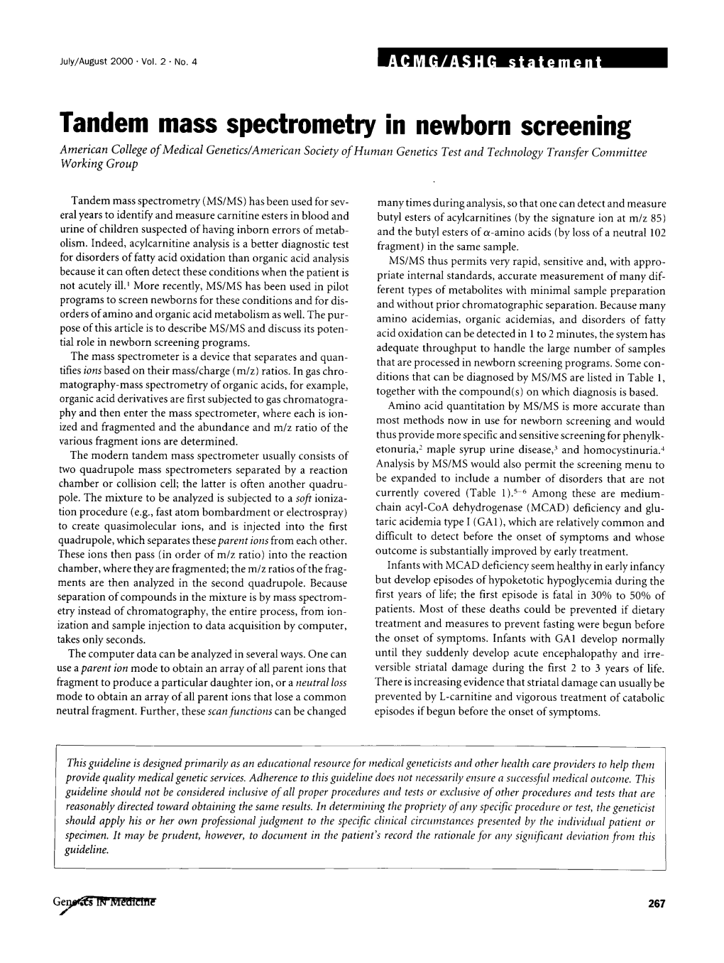 Tandem Mass Spectrometry in Newborn Screening