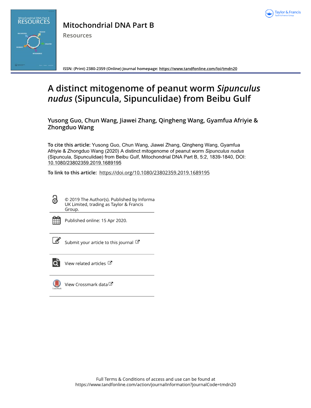 A Distinct Mitogenome of Peanut Worm Sipunculus Nudus (Sipuncula, Sipunculidae) from Beibu Gulf