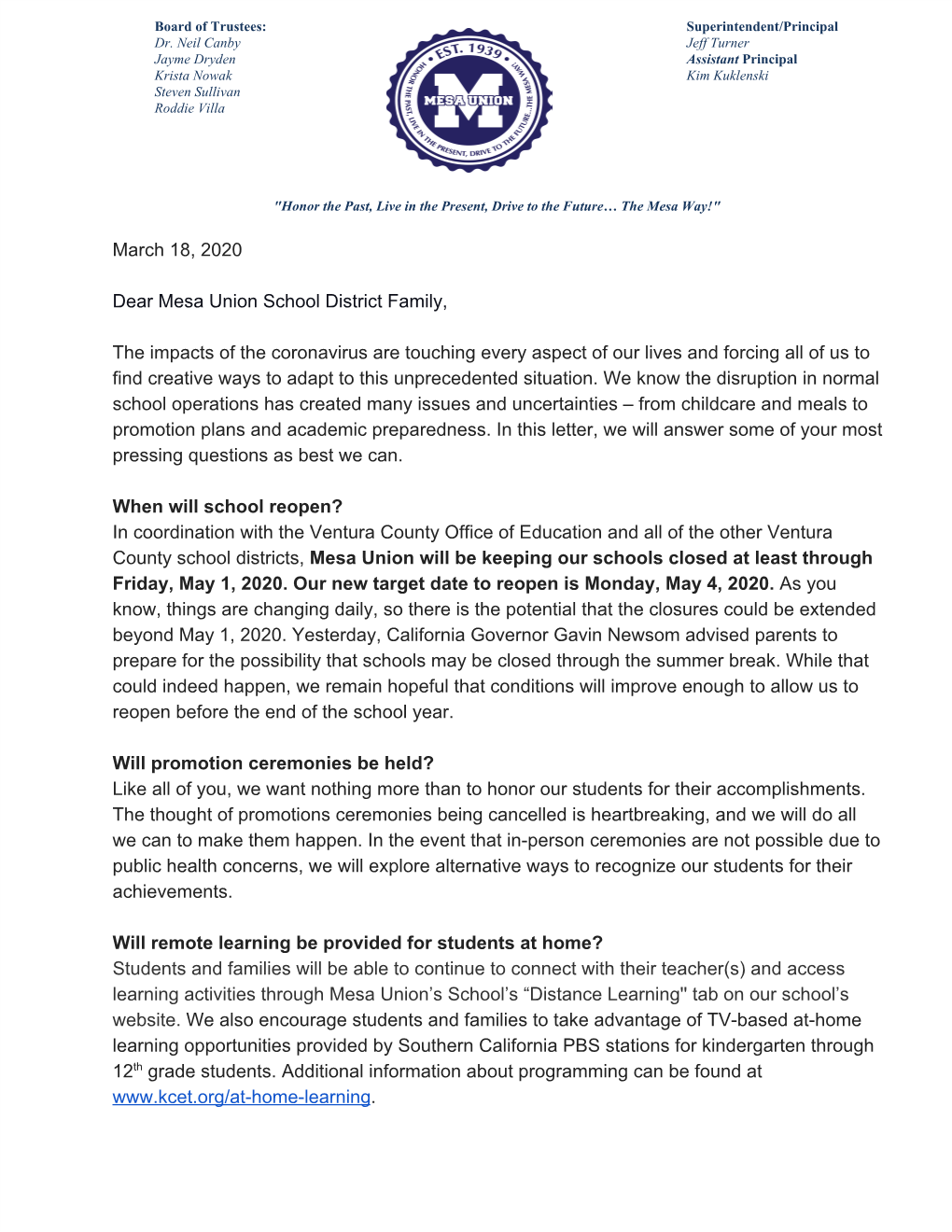 March 18, 2020 Dear Mesa Union School District Family, the Impacts