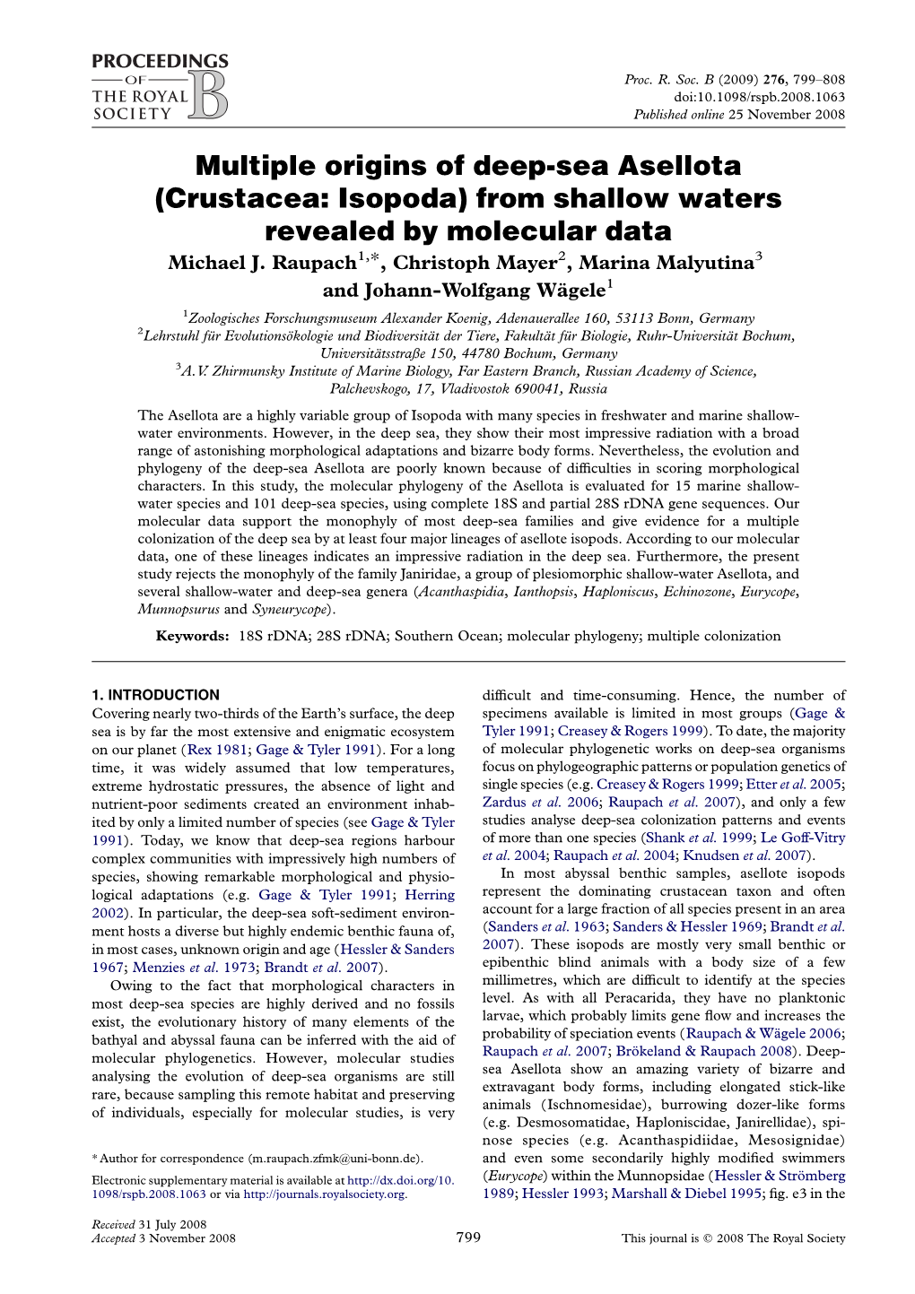 Multiple Origins of Deep-Sea Asellota (Crustacea: Isopoda) from Shallow Waters Revealed by Molecular Data Michael J