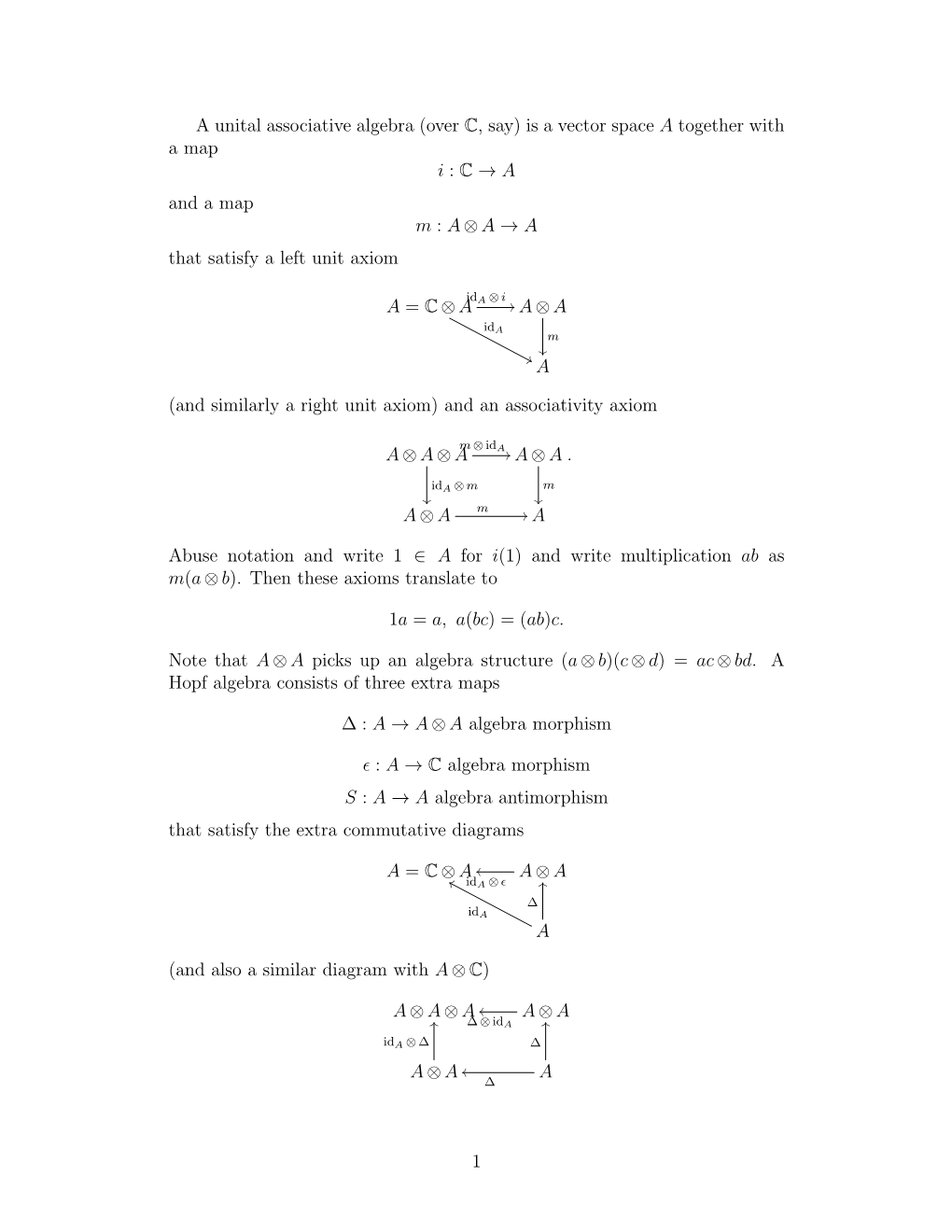 A Unital Associative Algebra (Over C, Say) Is a Vector Space a Together with a Map I : C → a and a Map M : a ⊗ a → a That Satisfy a Left Unit Axiom