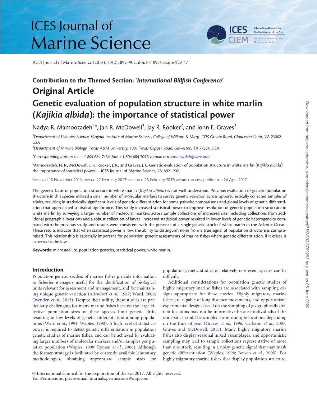 Genetic Evaluation of Population Structure in White Marlin