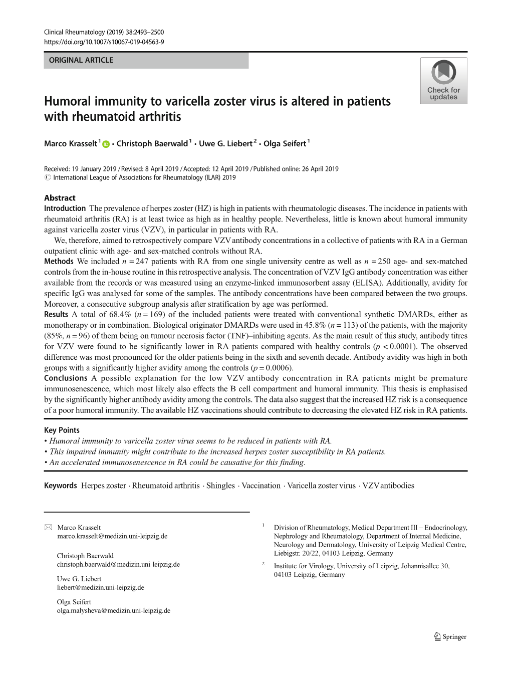 Humoral Immunity to Varicella Zoster Virus Is Altered in Patients with Rheumatoid Arthritis