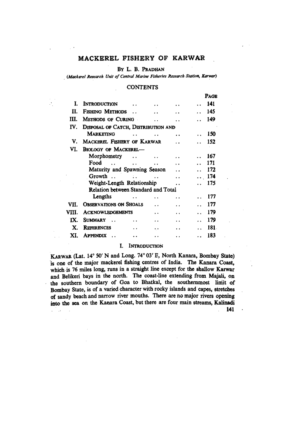 Mackerel Fishery of Karwar Contents I. Ii. Iii. Iv. V. Vi