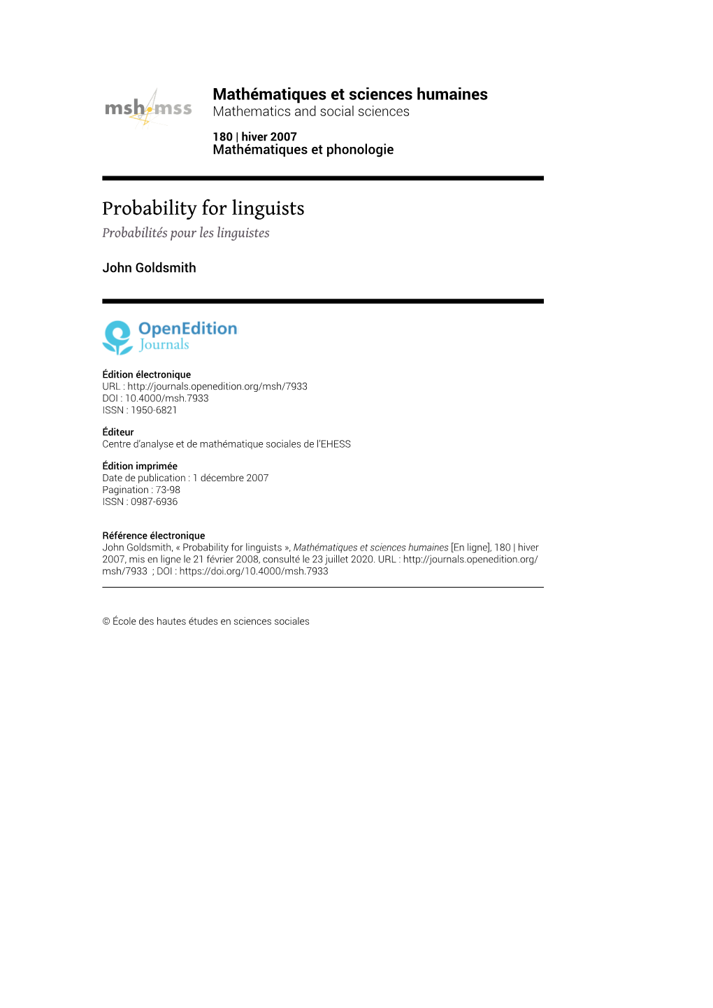 Probability for Linguists Probabilités Pour Les Linguistes