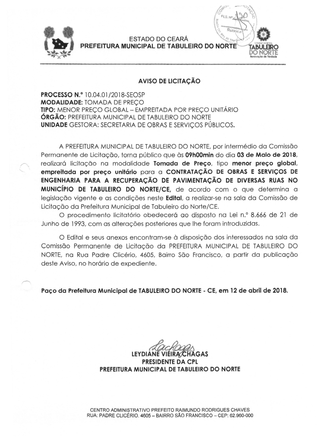 Estado Do Ceará Prefeitura Municipal De Tabuleiro Do Norté Aviso De