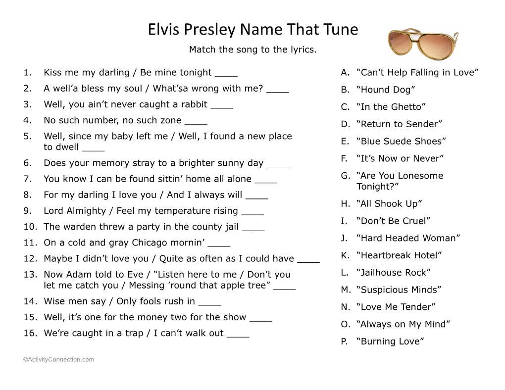 Elvis Presley Name That Tune Match the Song to the Lyrics