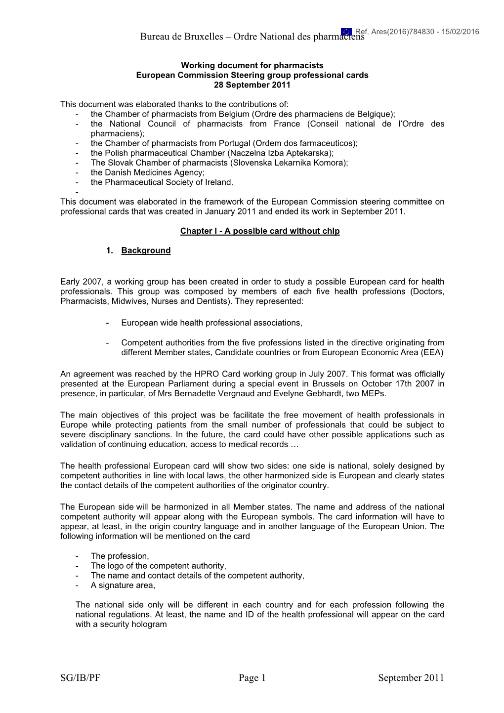 Bureau De Bruxelles – Ordre National Des Pharmaciens SG/IB/PF Page 1