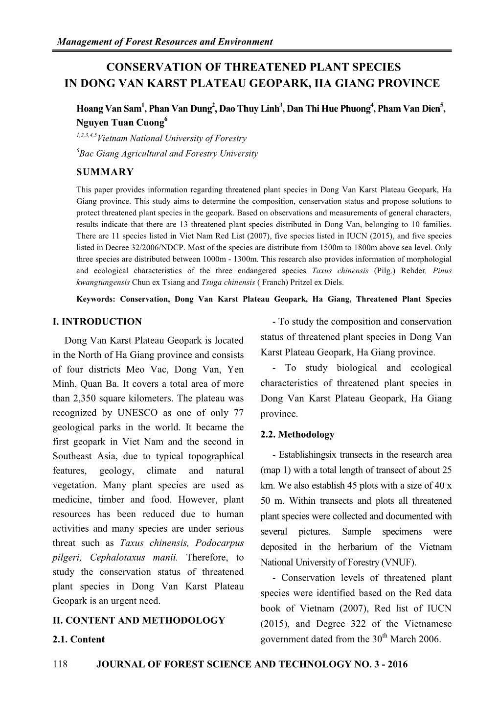 Conservation of Threatened Plant Species in Dong Van Karst Plateau Geopark, Ha Giang Province