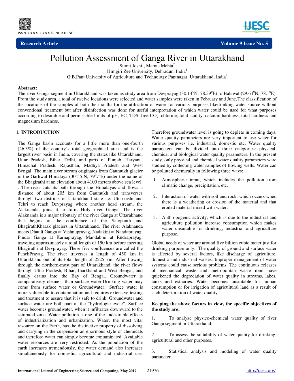 Pollution Assessment of Ganga River in Uttarakhand