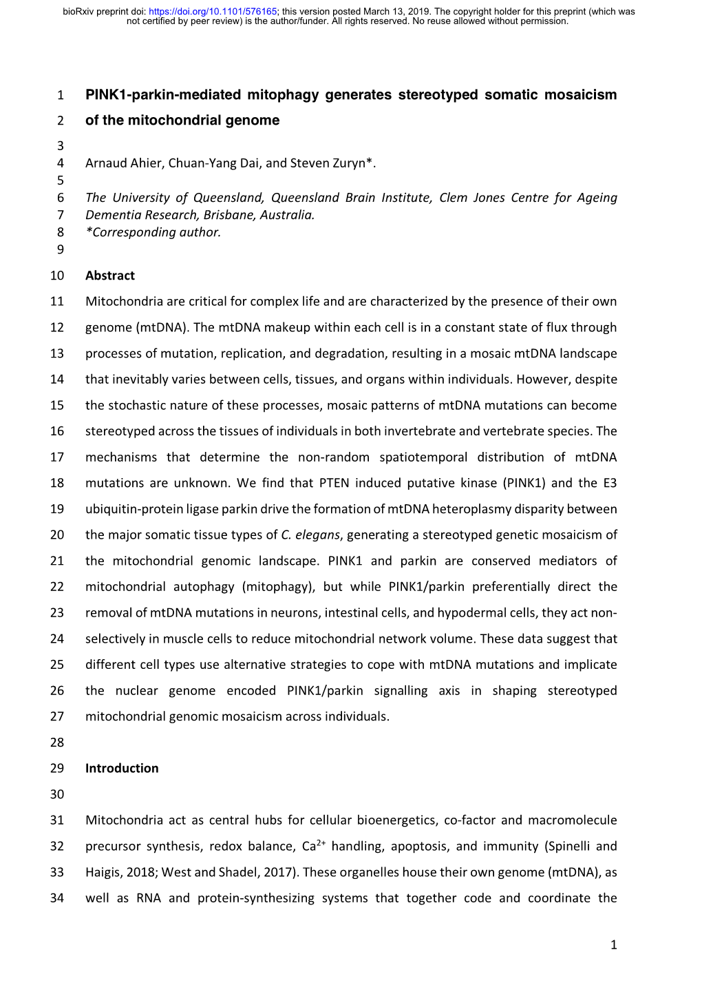 PINK1-Parkin-Mediated Mitophagy Generates Stereotyped Somatic Mosaicism 2 of the Mitochondrial Genome 3 4 Arnaud Ahier, Chuan-Yang Dai, and Steven Zuryn*