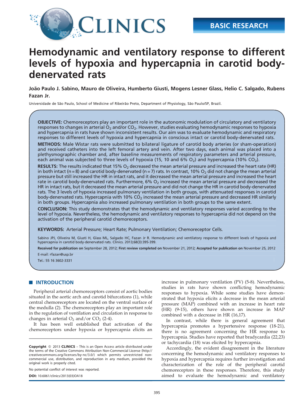 Hemodynamic and Ventilatory Response to Different Levels of Hypoxia and Hypercapnia in Carotid Body- Denervated Rats