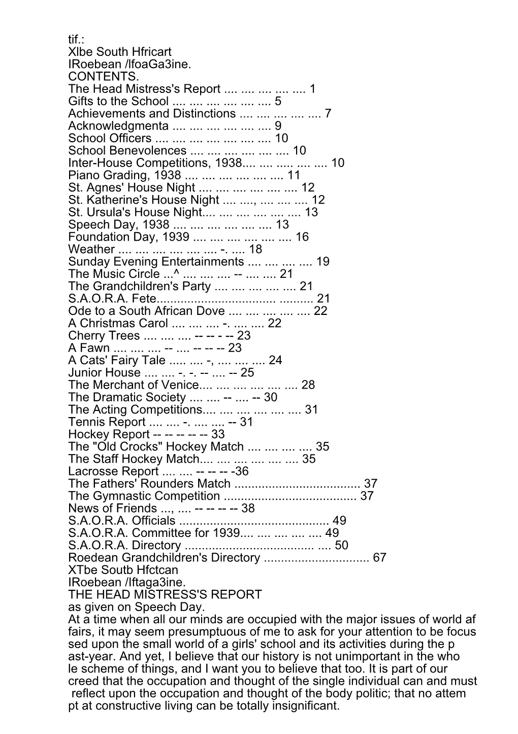 Tif.: Xlbe South Hfricart Iroebean /Lfoaga3ine. CONTENTS. the Head Mistress's Report