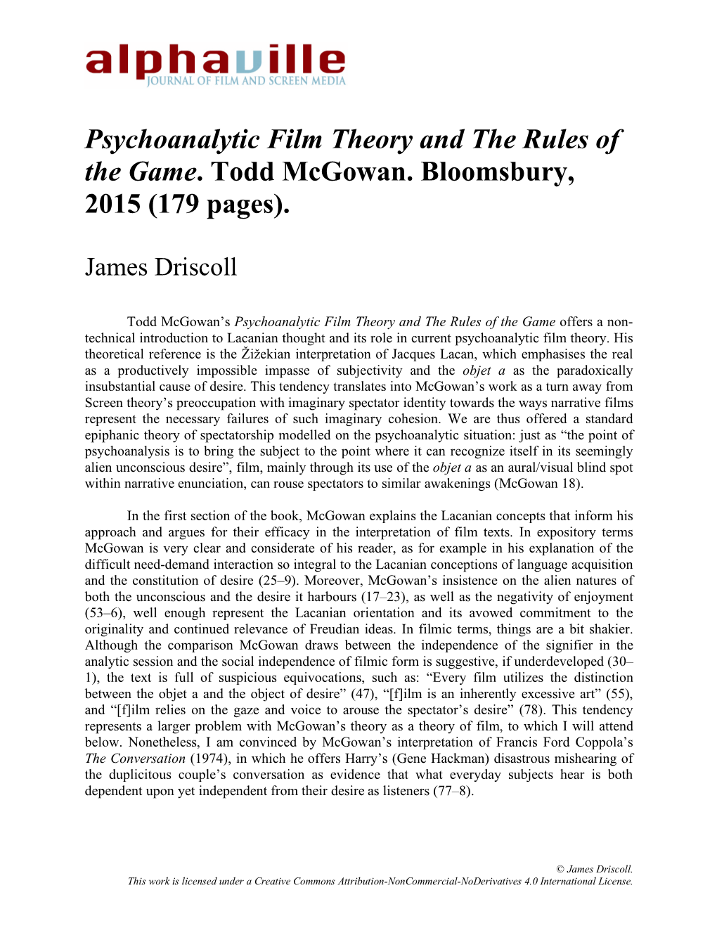 Psychoanalytic Film Theory and the Rules of the Game. Todd Mcgowan