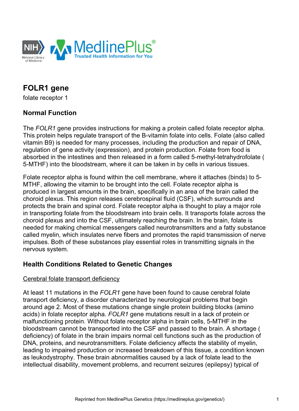 FOLR1 Gene Folate Receptor 1